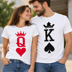 Două tricouri asortate pentru el și ea, cu imprimeuri King negru și Queen roșu