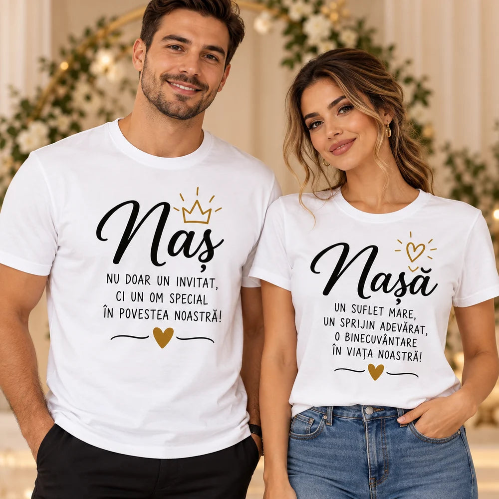 Tricouri personalizate pentru naș și nașă, cu mesaje speciale din partea finilor