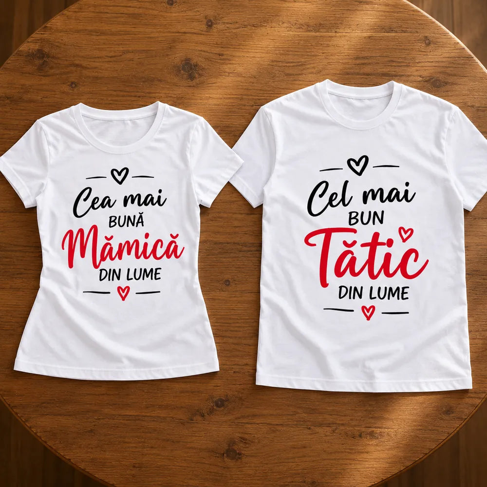 Două tricouri albe pentru părinți, cu mesaje imprimate pentru mama și tata